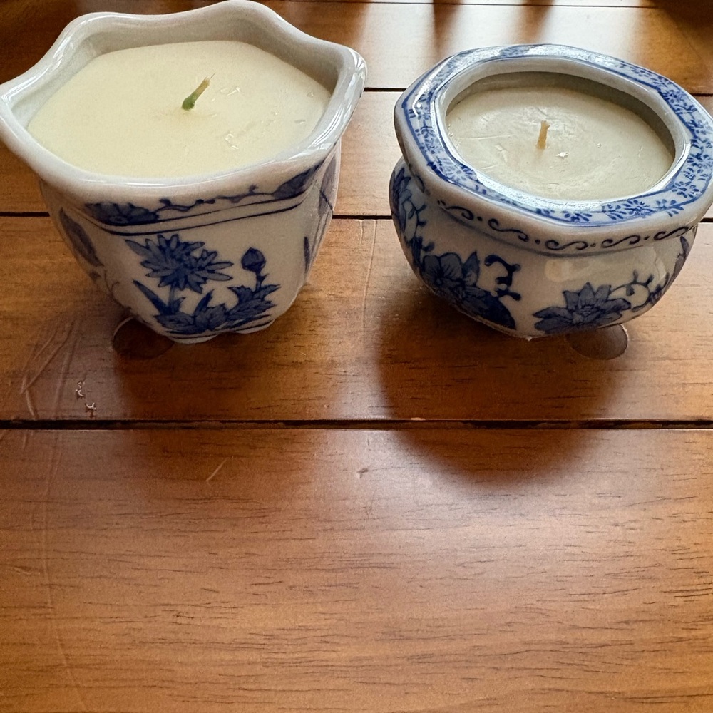 Vintage Bombay Blue and White Ceramic Candle Set X2